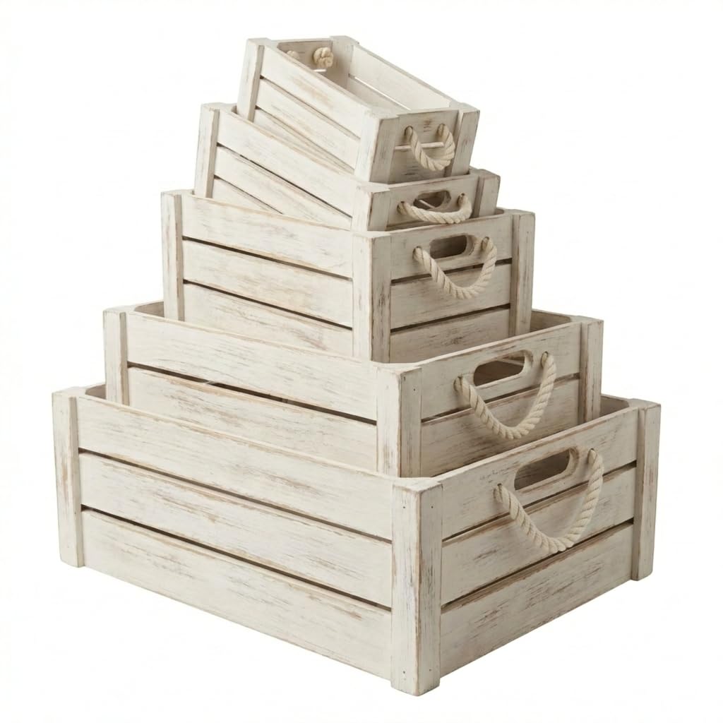 Set of 3 White Wooden Nesting Storage Crates Q148735