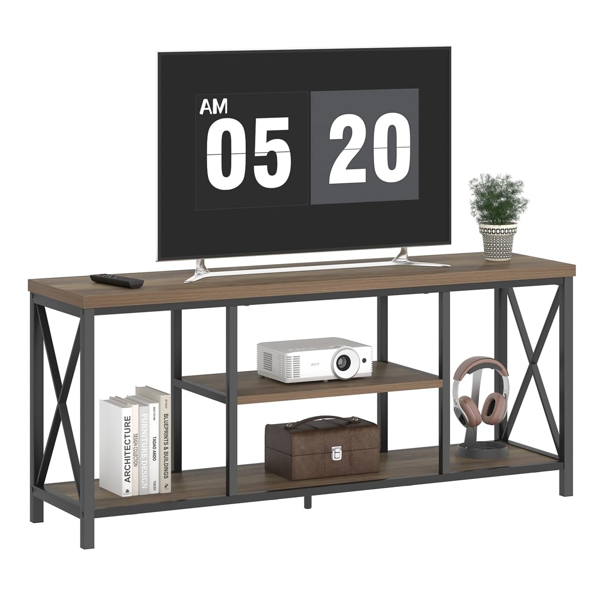 Oak 55 inch Wood and Metal TV Stand with Storage Shelves P54912