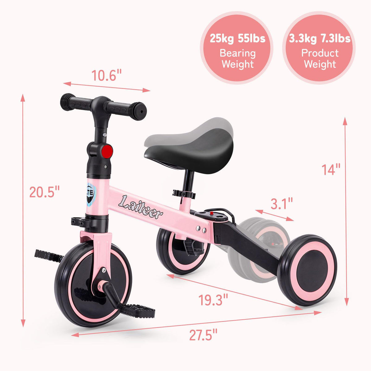 Folding Kids Tricycle with Adjustable Seat & Removable Pedal, Pink Y714626