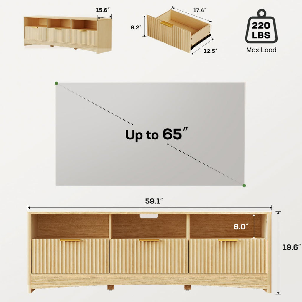 Oak Fluted TV Stand for 65 inch TV with Drawers N821433