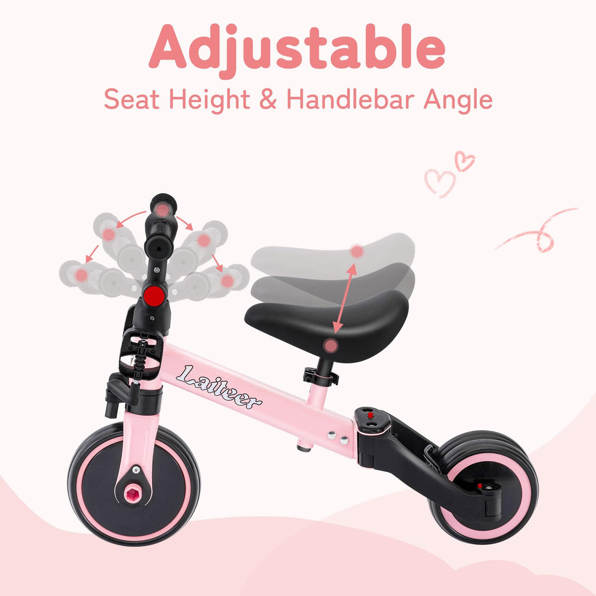 Folding Kids Tricycle with Adjustable Seat & Removable Pedal, Pink Y714626