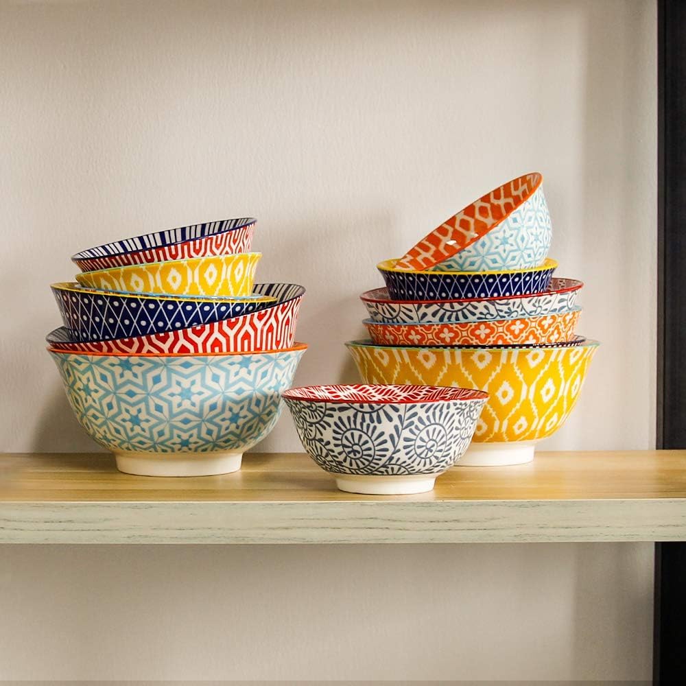 Ceramic Bowls Set 30 oz Assorted Colorful Set of 6 Microwave Dishwasher Safe X3502