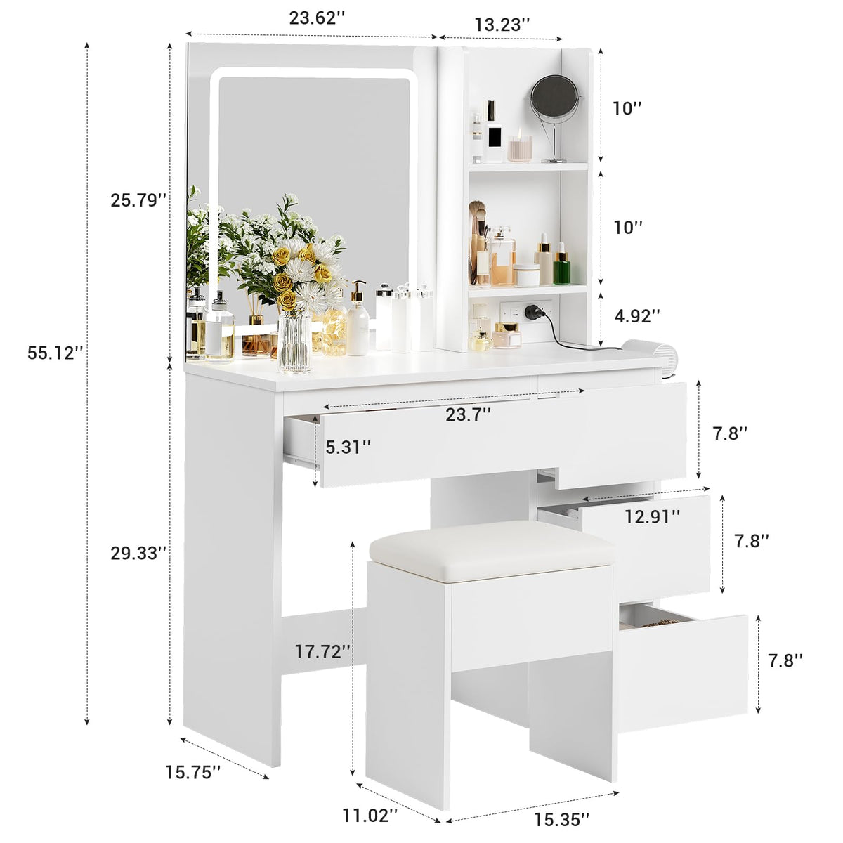 White Vanity Desk with Mirror and LED Light B313