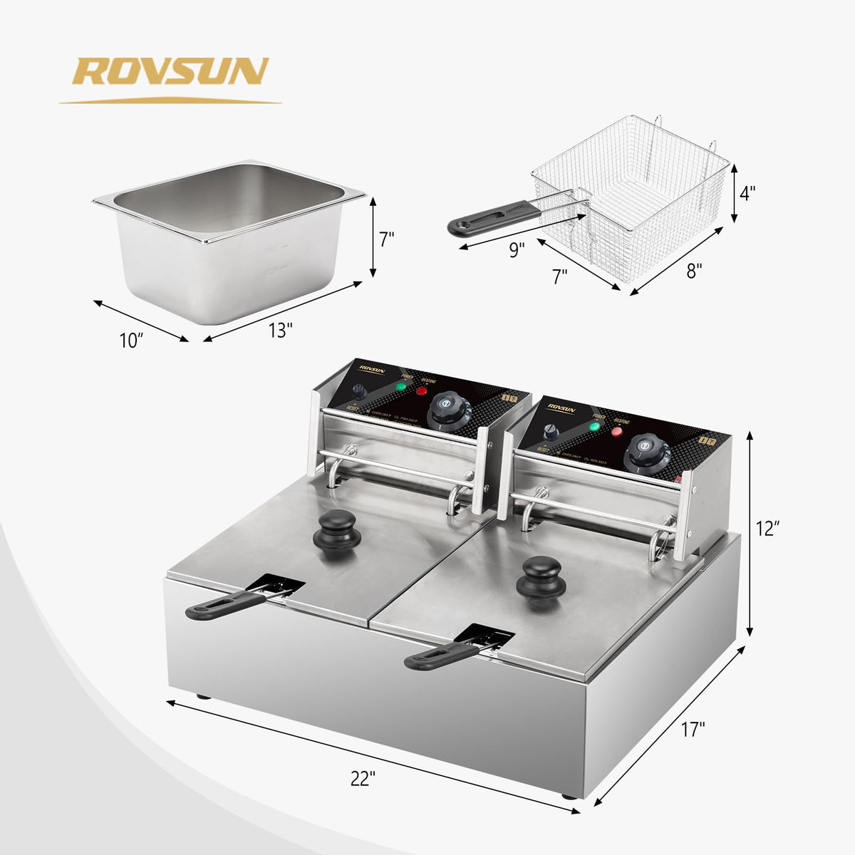 22.8QT Stainless Steel Electric Double Deep Fryer with Baskets & Lids M250