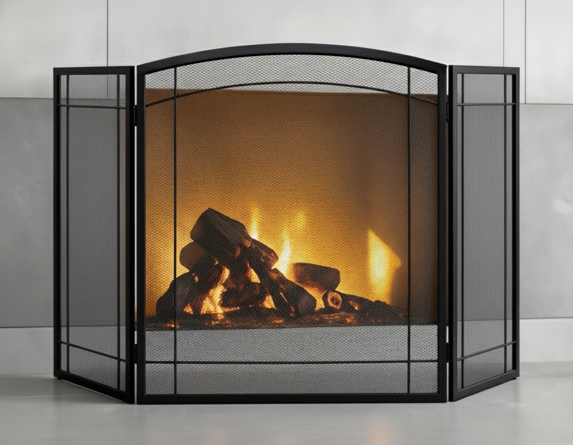 3 Panel 48" W x 29" H Foldable Wrought Metal Decorative Mesh Fireplace Screen O889