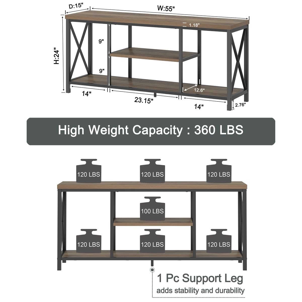 Oak 55 inch Wood and Metal TV Stand with Storage Shelves P54912