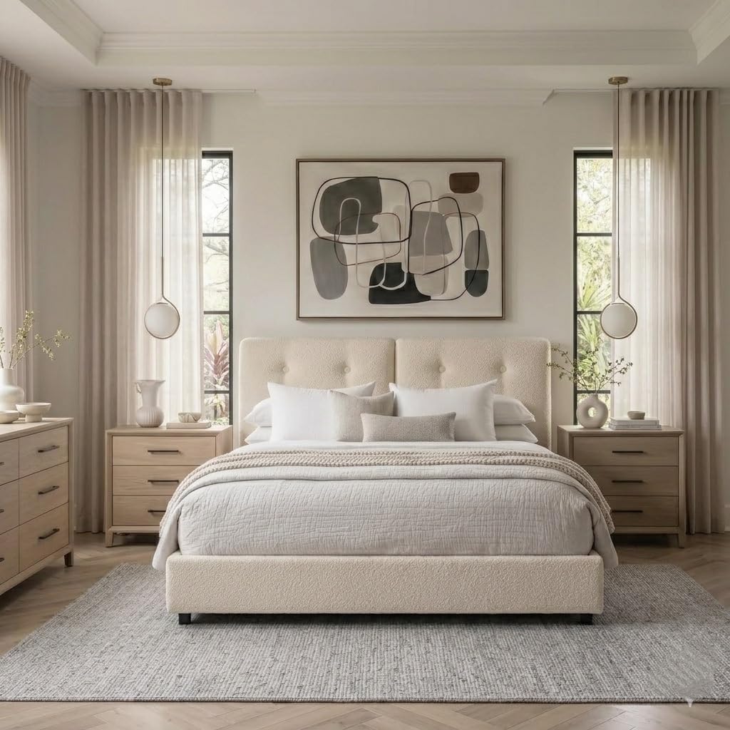 Queen Size Beige Boucle Upholstered Bed Frame with Headboard H851