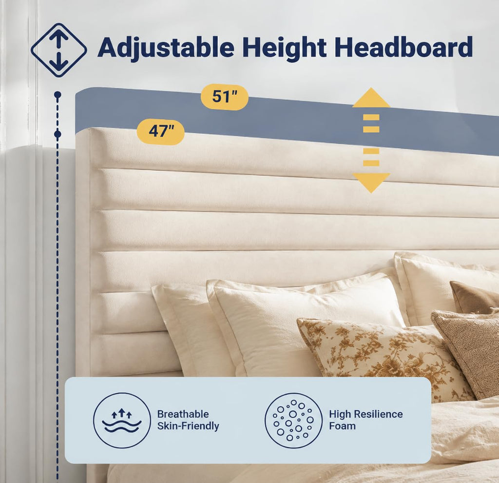 Queen Velvet Upholstered Bed Frame with Adjustable Headboard R946