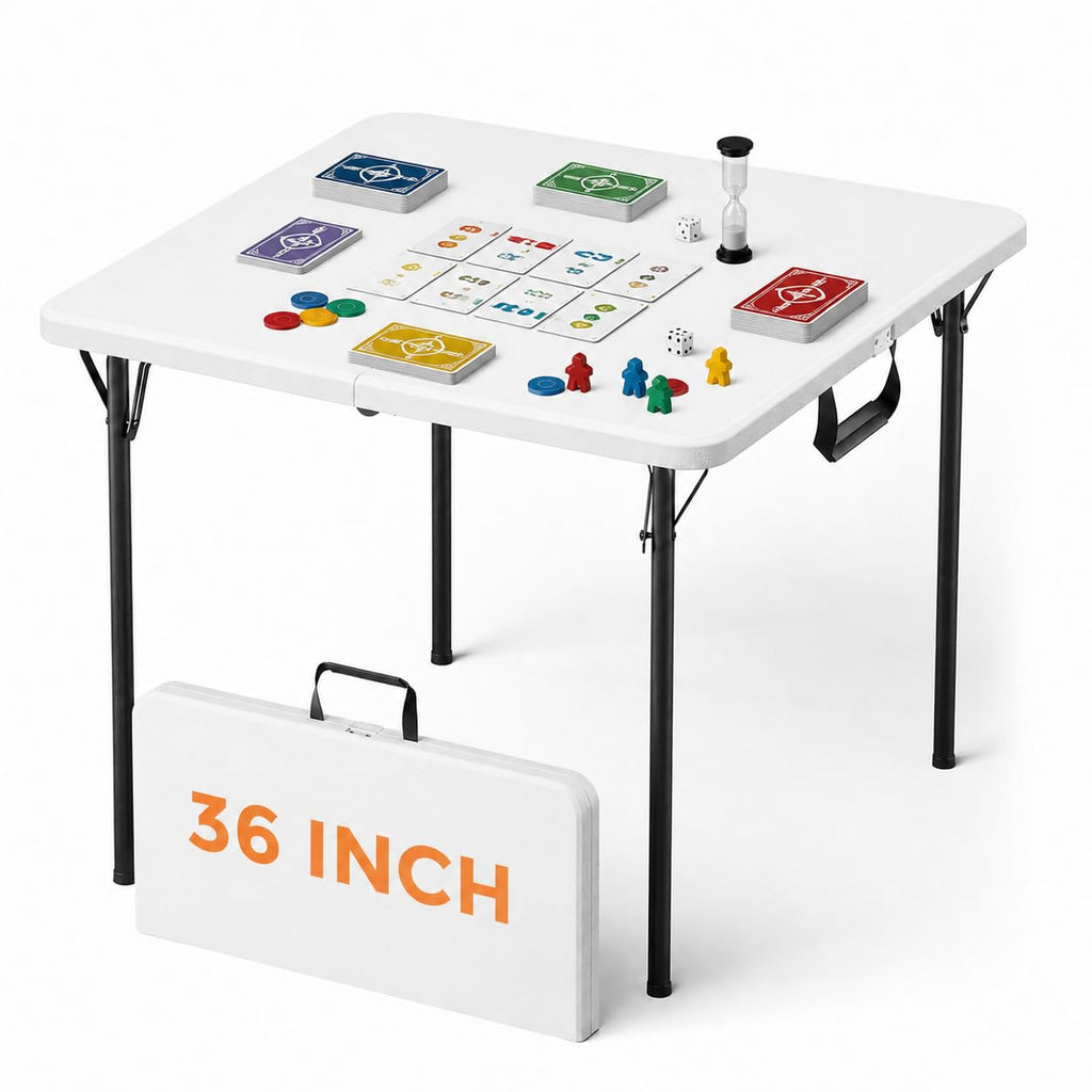 36" Square White Plastic Folding Card Table with Carrying Handle I45807