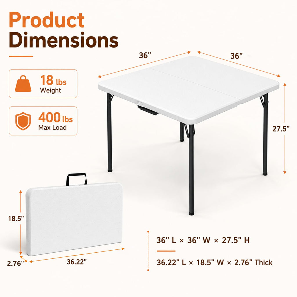 36" Square White Plastic Folding Card Table with Carrying Handle I45807