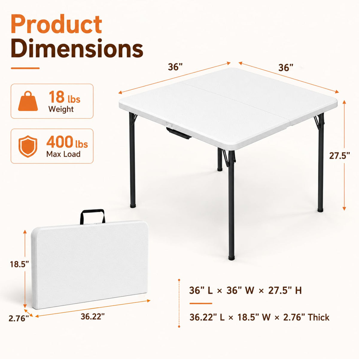 36" Square White Plastic Folding Card Table with Carrying Handle I45807