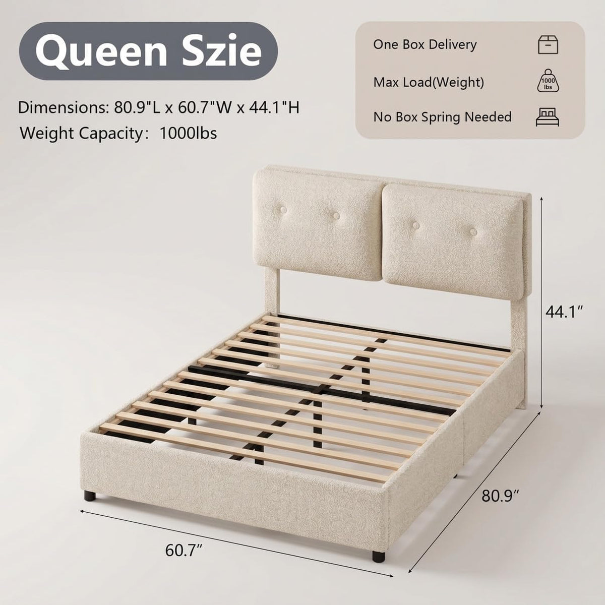Queen Size Beige Boucle Upholstered Bed Frame with Headboard H851