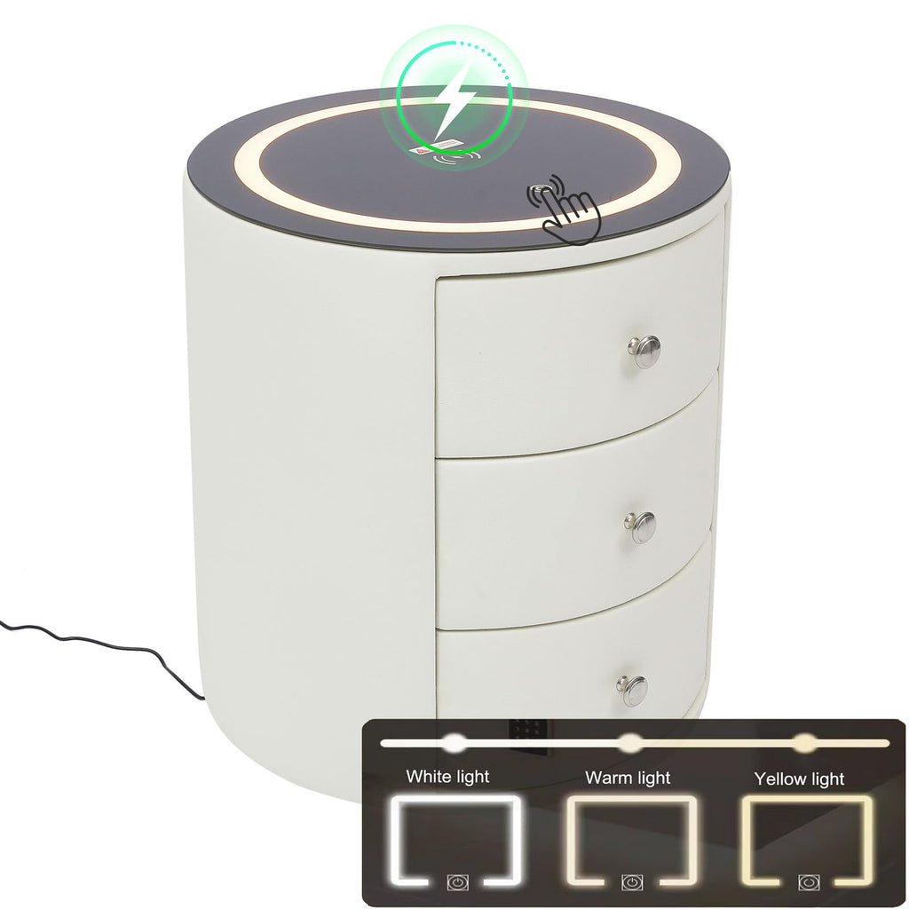 Smart Nightstand with Wireless Charging Station & LED Lights 3 Drawers H794