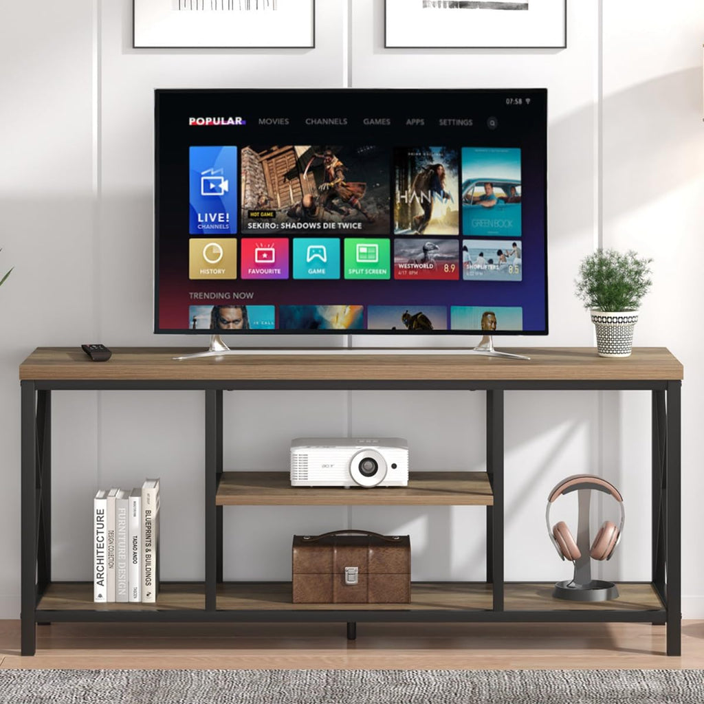 Oak 55 inch Wood and Metal TV Stand with Storage Shelves P54912