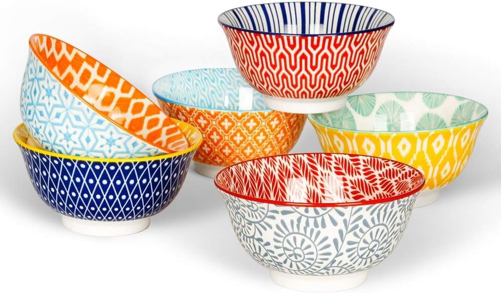 Ceramic Bowls Set 30 oz Assorted Colorful Set of 6 Microwave Dishwasher Safe X3502
