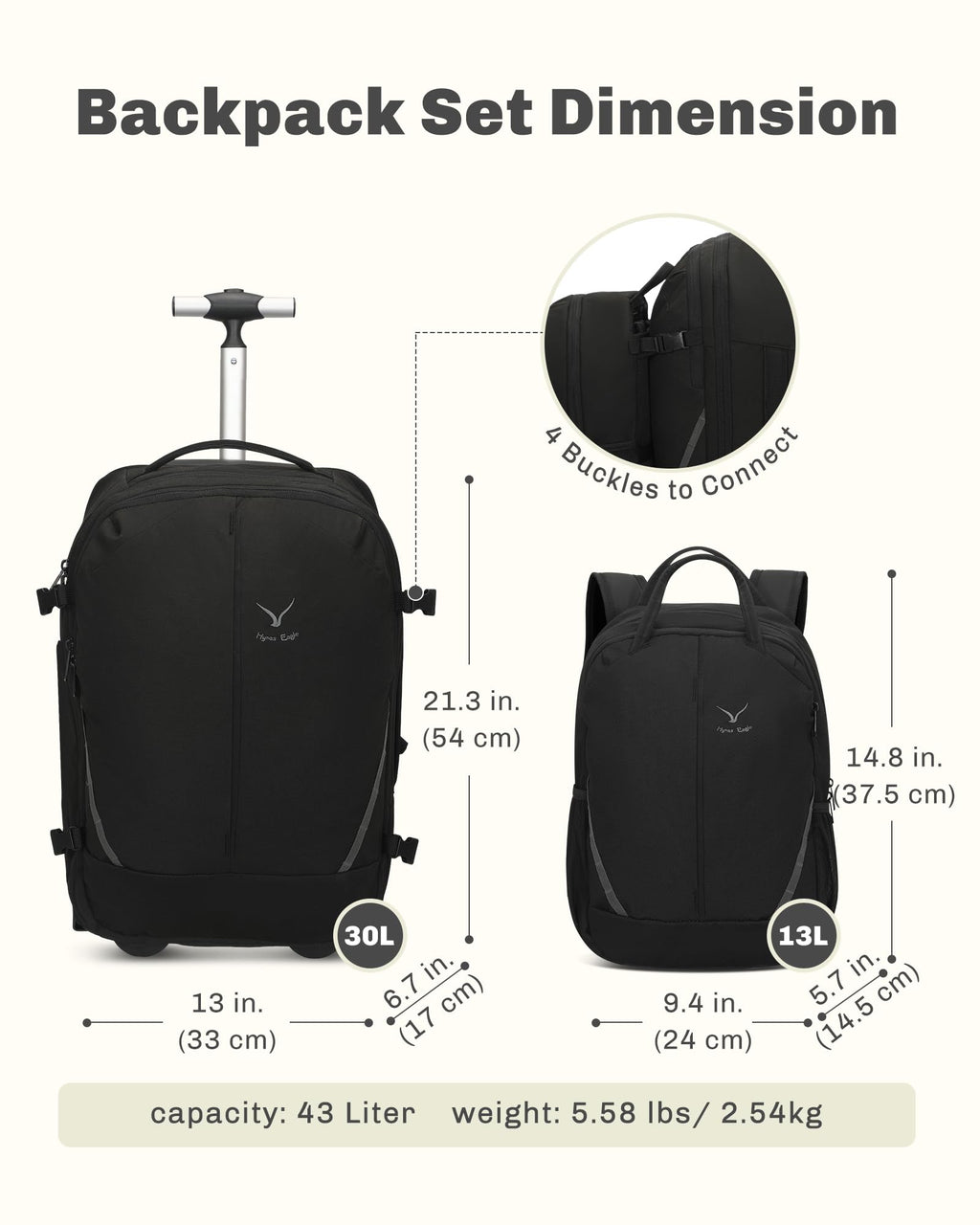 Rolling Backpack with Wheels 43L with Personal Item Bag L7679