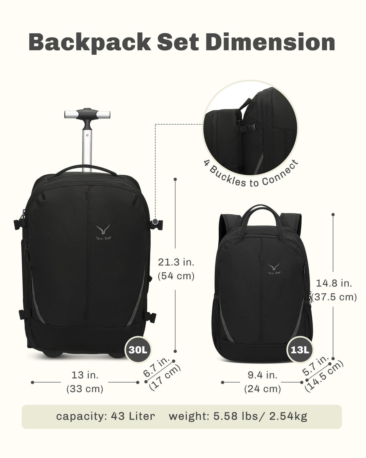 Rolling Backpack with Wheels 43L with Personal Item Bag L7679