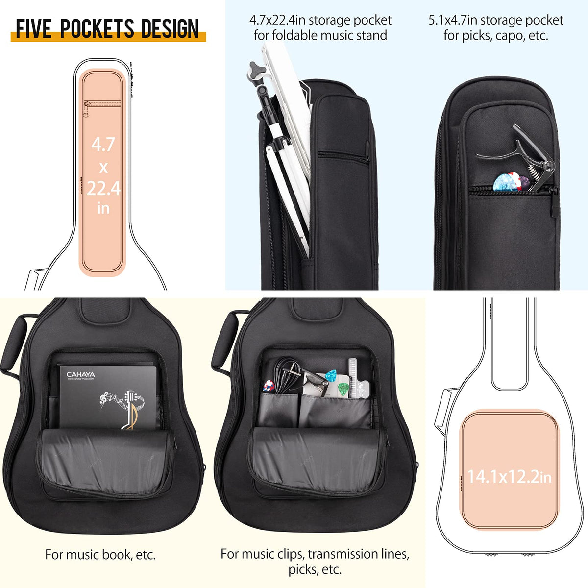 Soft Padded Acoustic Guitar Case with 5 Pockets S3547