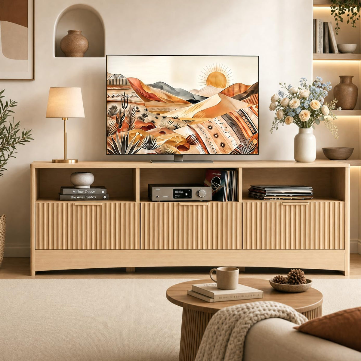 Oak Fluted TV Stand for 65 inch TV with Drawers N821433