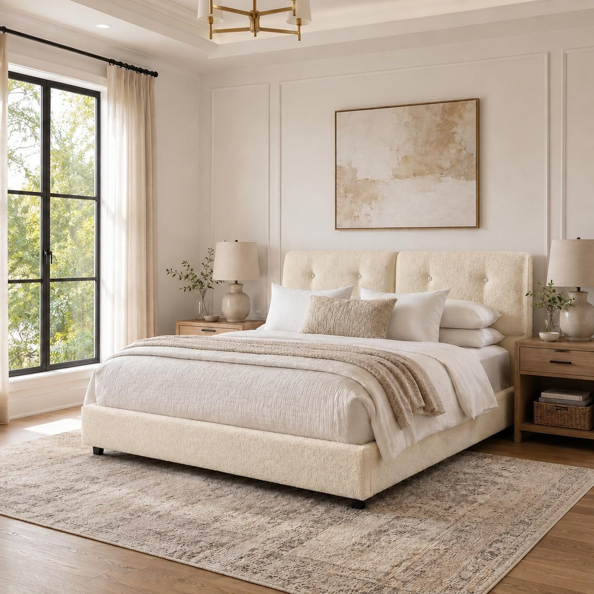 Queen Size Beige Boucle Upholstered Bed Frame with Headboard H851