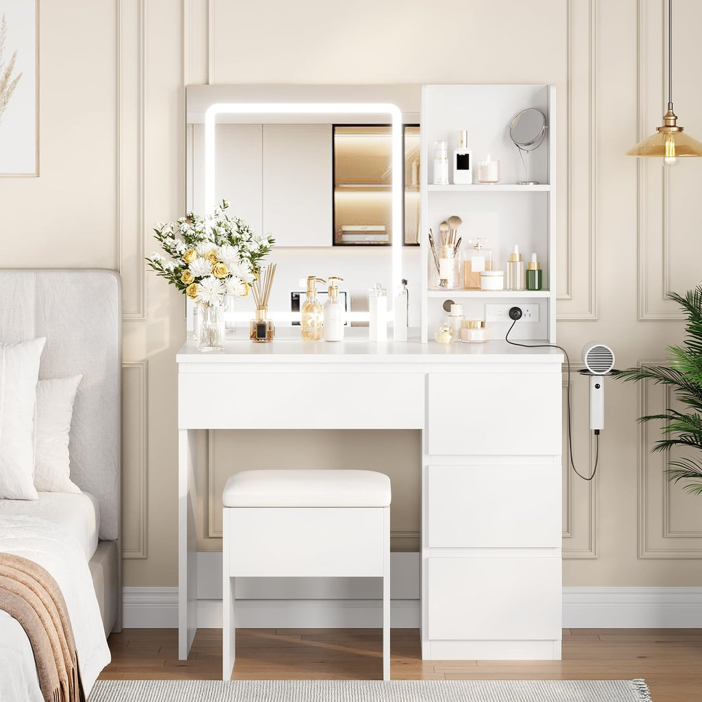 White Vanity Desk with Mirror and LED Light B313