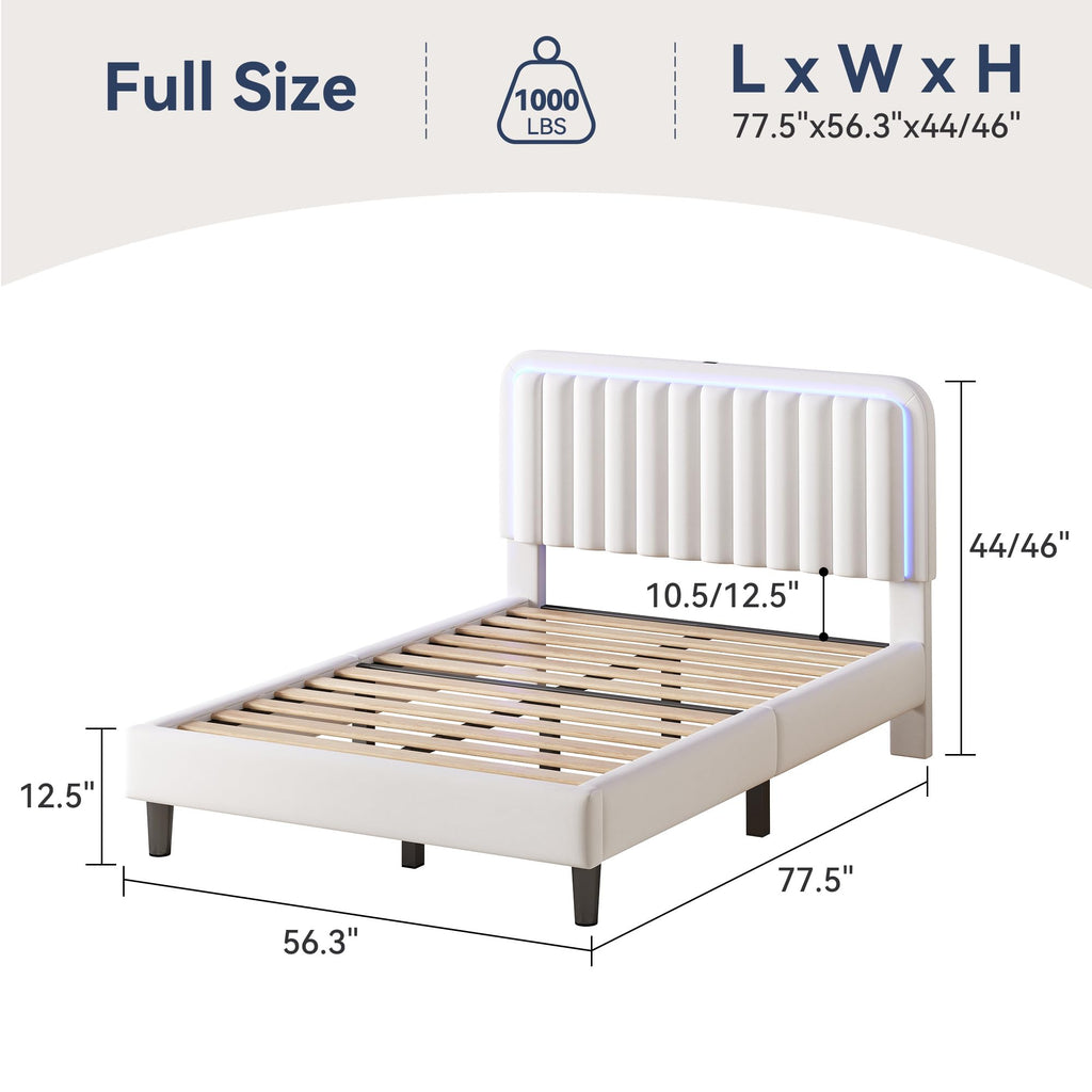 White Velvet Upholstered Full Size Platform Bed Frame with Charging Station A173