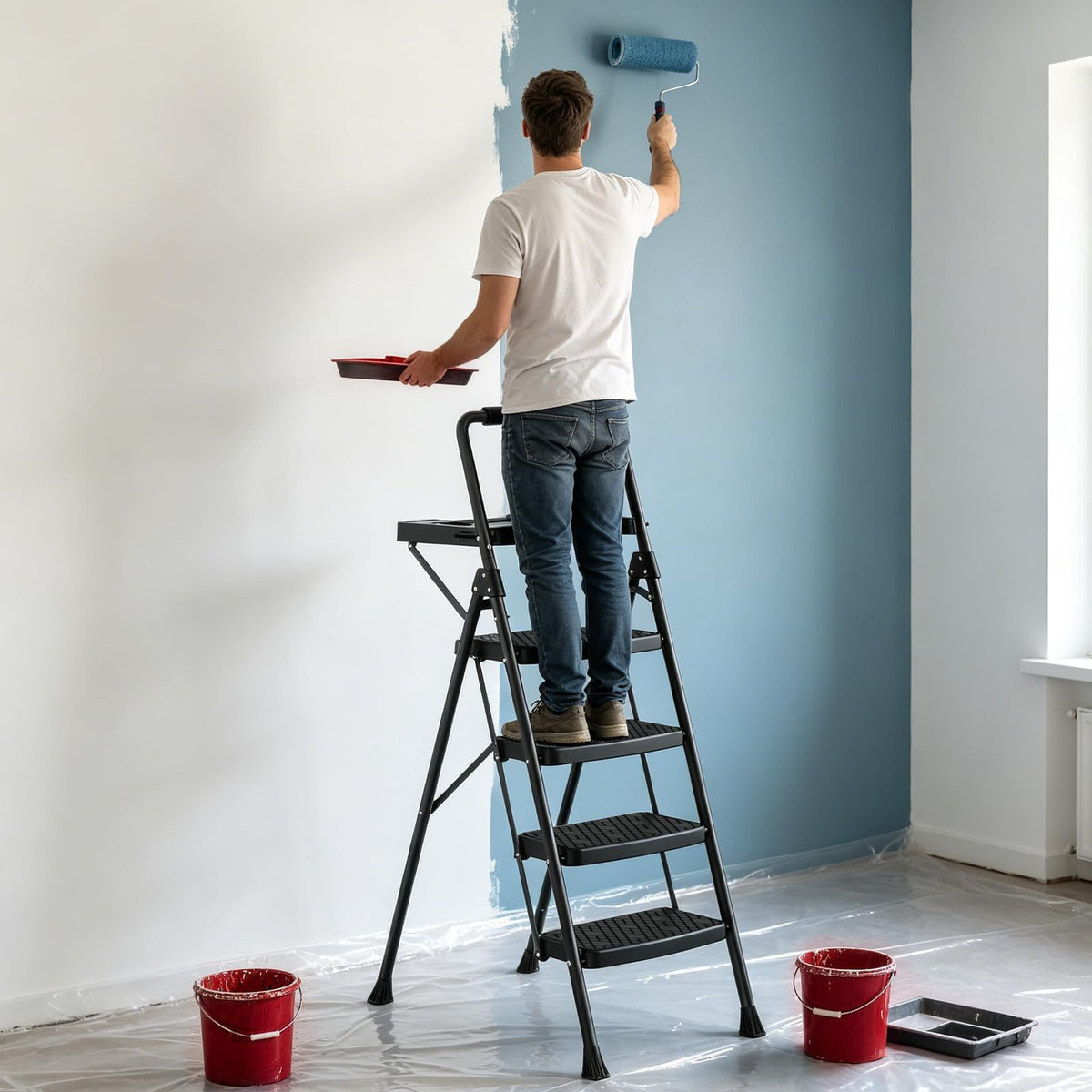 4 Step Steel Ladder with Tool Tray and Handrails B58094
