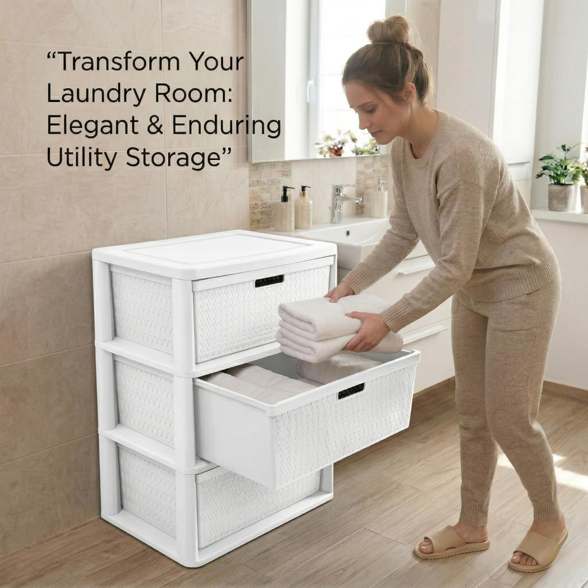 Opaque White 3-Drawer Plastic Storage Tower V2595