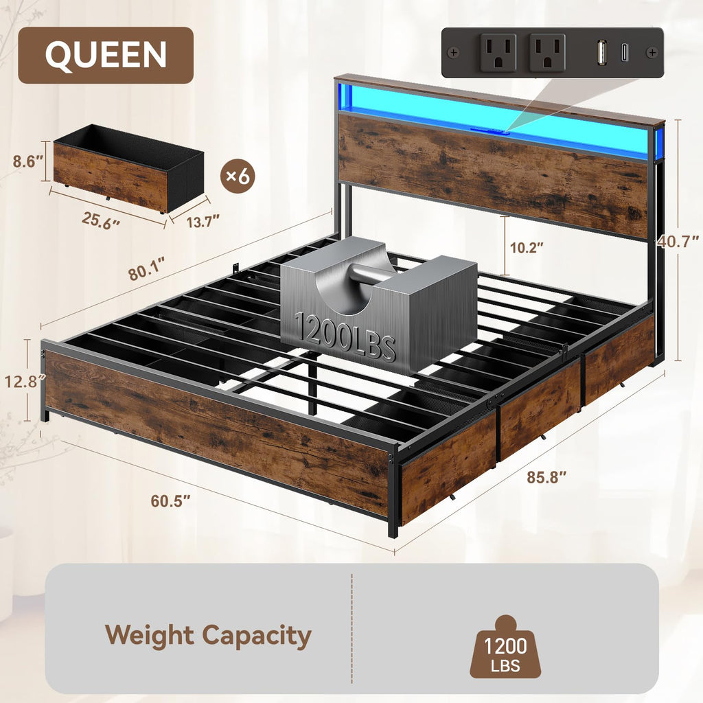 Queen Bed Frame with Storage Headboard & 6 Drawers E3879