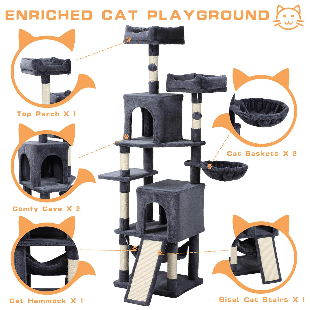 70-Inch Dark Gray Cat Tree Tower with Hammock Z607899