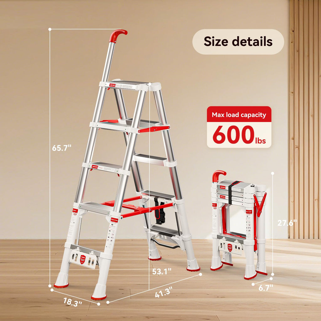 Telescoping Extension Ladder, 4.4FT Folding Step Stool, Aluminum 5 Step Ladder 600lbs Capacity Z51046