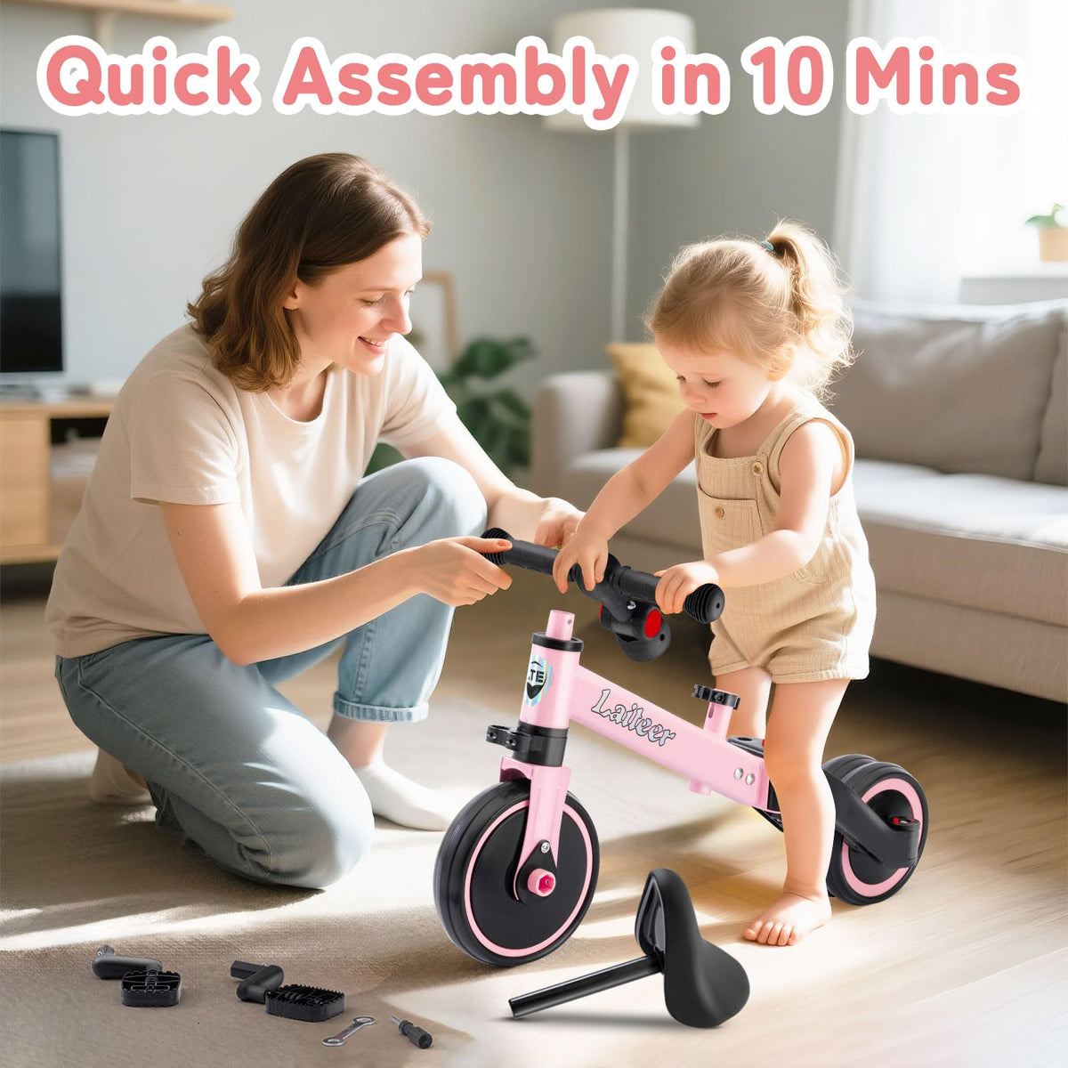 Folding Kids Tricycle with Adjustable Seat & Removable Pedal, Pink Y714626