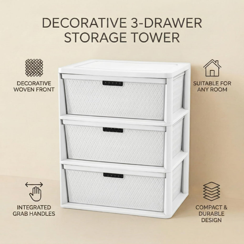 Opaque White 3-Drawer Plastic Storage Tower V2595