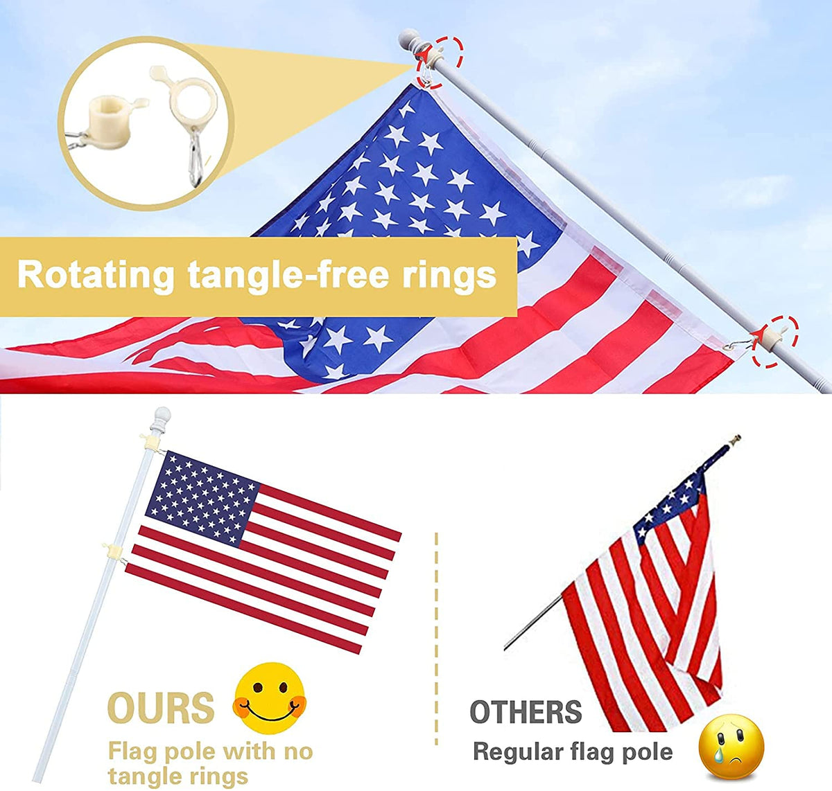 White 5-6ft Tangle Free Metal Flag Pole Kit L544