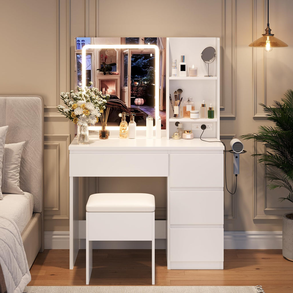 White Vanity Desk with Mirror and LED Light B313