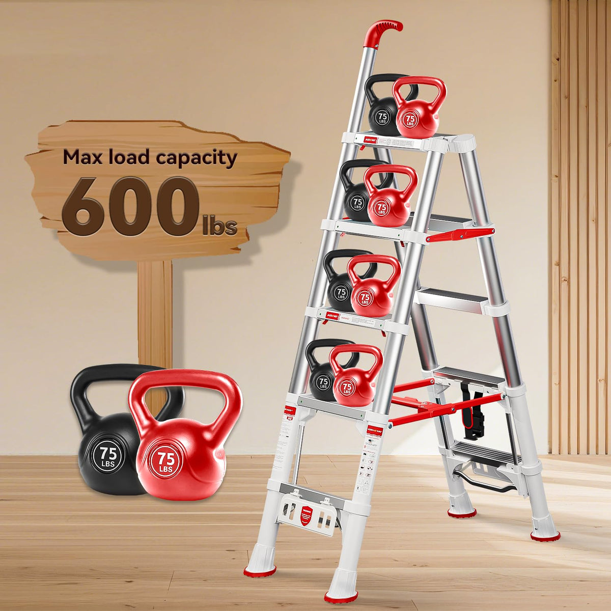 Telescoping Extension Ladder, 4.4FT Folding Step Stool, Aluminum 5 Step Ladder 600lbs Capacity Z51046