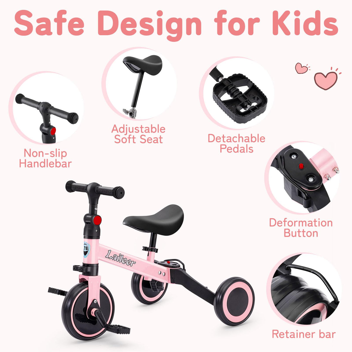 Folding Kids Tricycle with Adjustable Seat & Removable Pedal, Pink Y714626