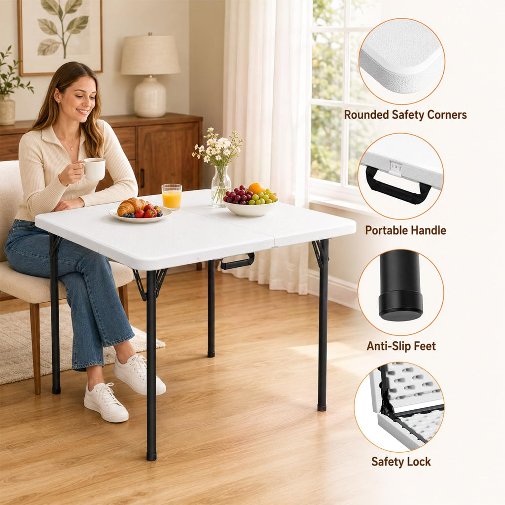 36" Square White Plastic Folding Card Table with Carrying Handle I45807