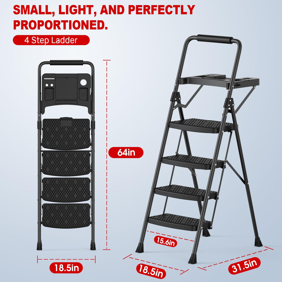 4 Step Steel Ladder with Tool Tray and Handrails B58094