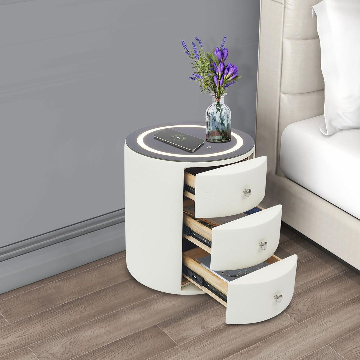 Smart Nightstand with Wireless Charging Station & LED Lights 3 Drawers H794