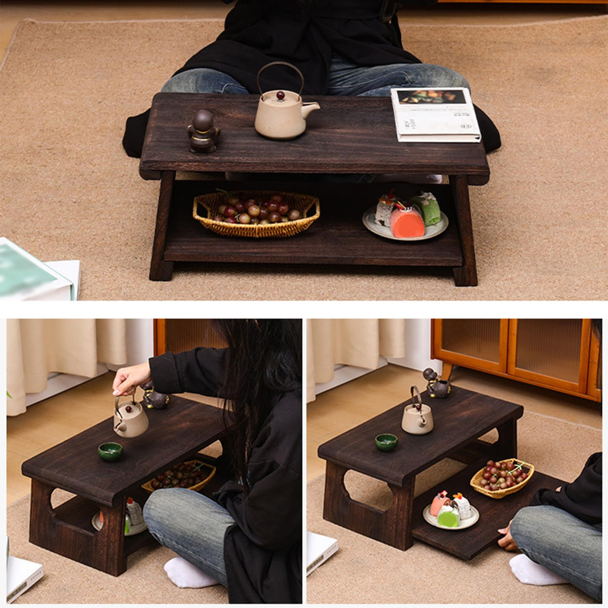 Mid-Century Foldable Coffee Table with Shelf 60x30x22cm M653379