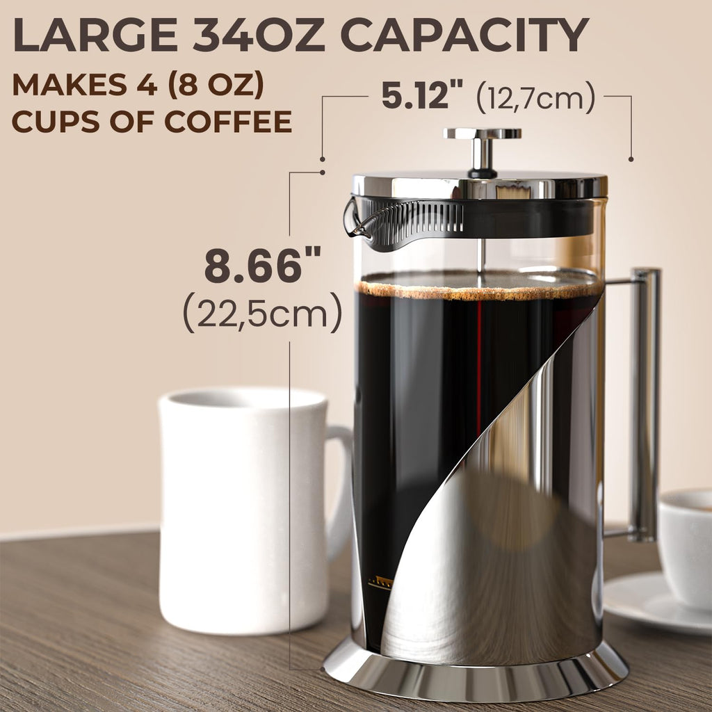 French Press Coffee Maker 34 oz Glass Stainless Steel T7173
