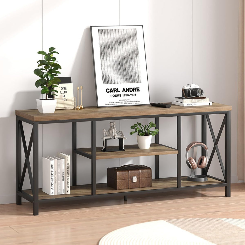 Oak 55 inch Wood and Metal TV Stand with Storage Shelves P54912