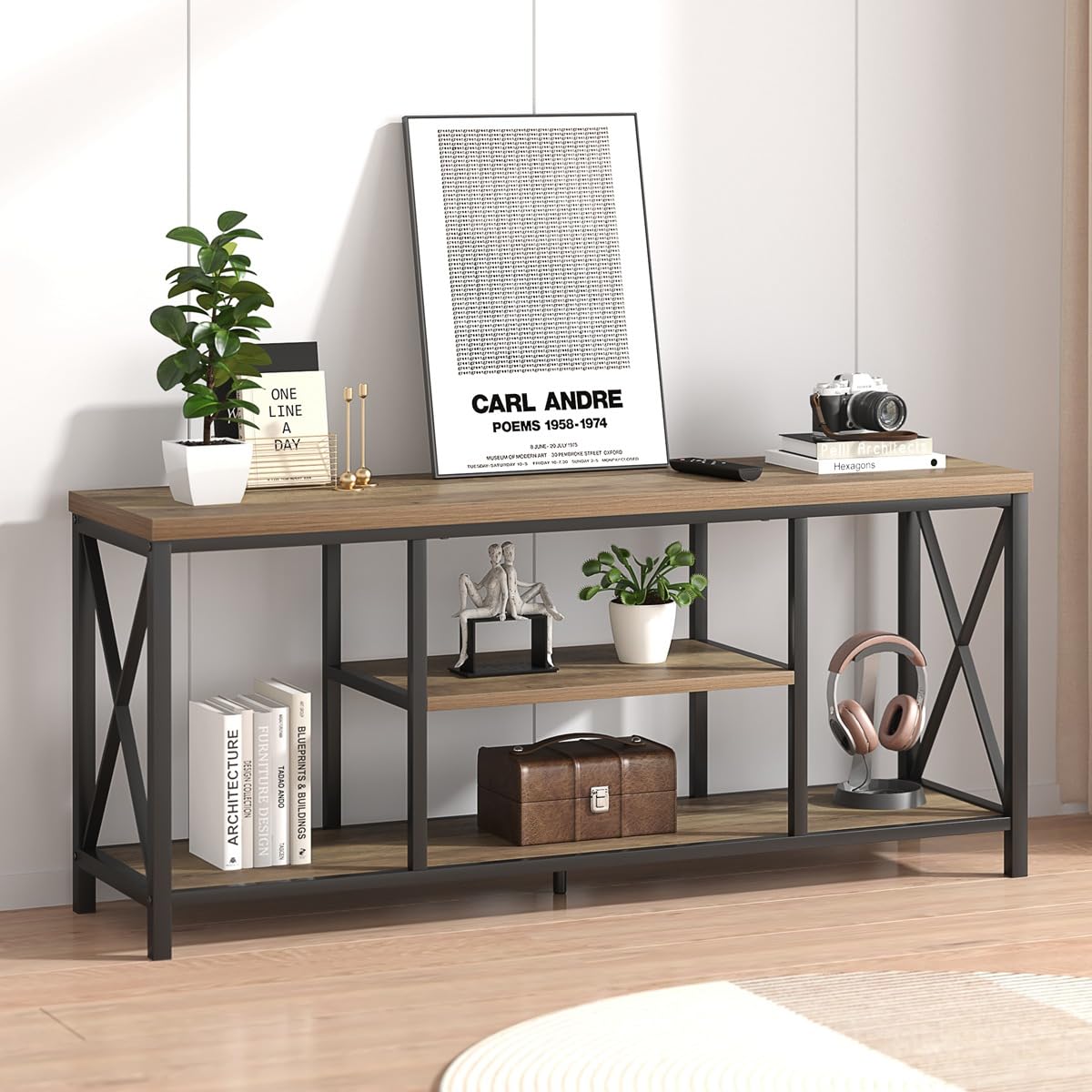 Oak 55 inch Wood and Metal TV Stand with Storage Shelves P54912