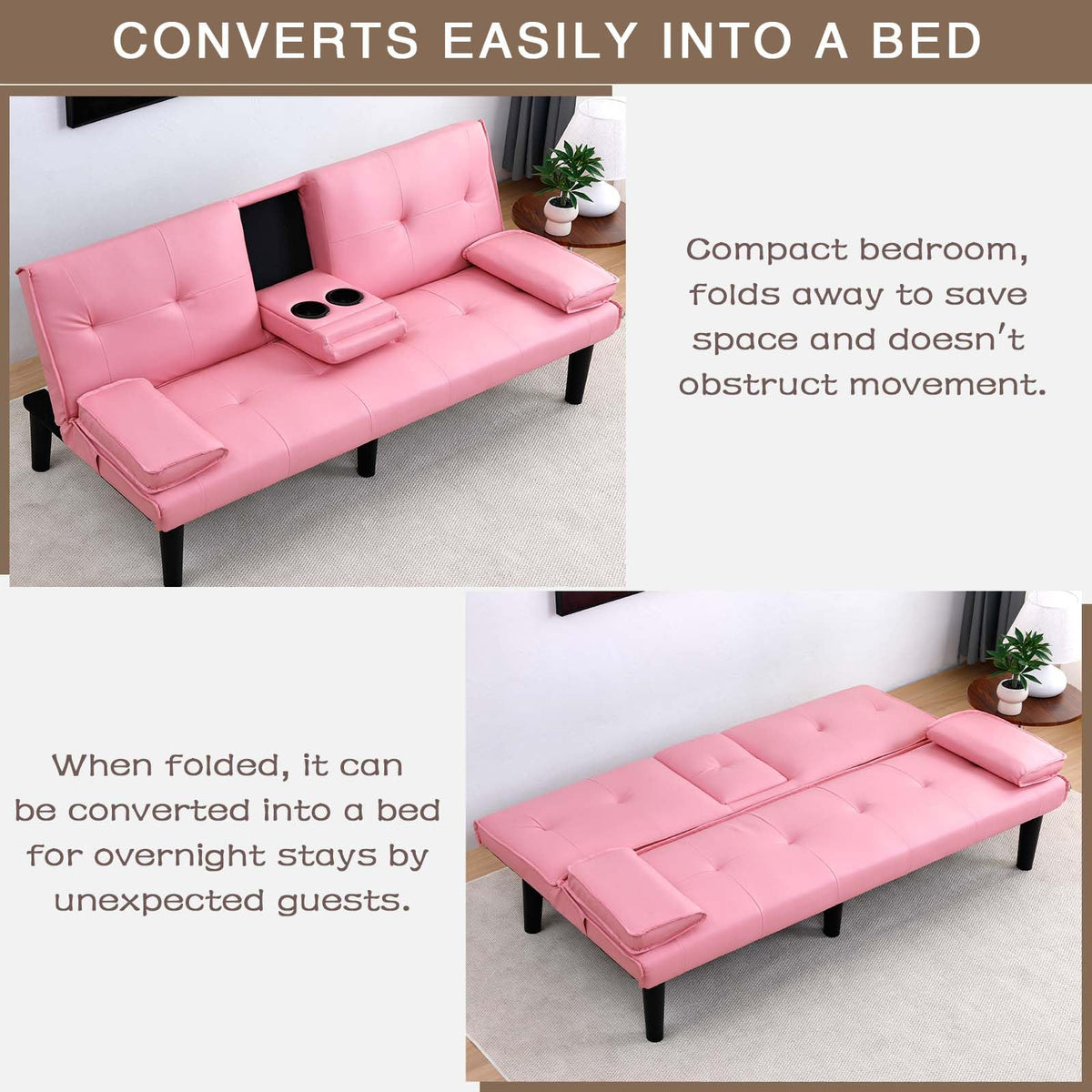 67" Convertible Futon Sofa Bed with 2 Cup Holders U1128