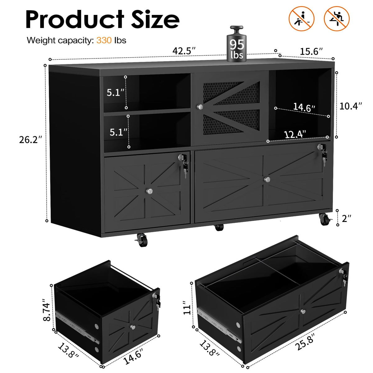 2 Drawer Wood Mobile Lateral File Cabinet with Storage Shelves, Black V23181