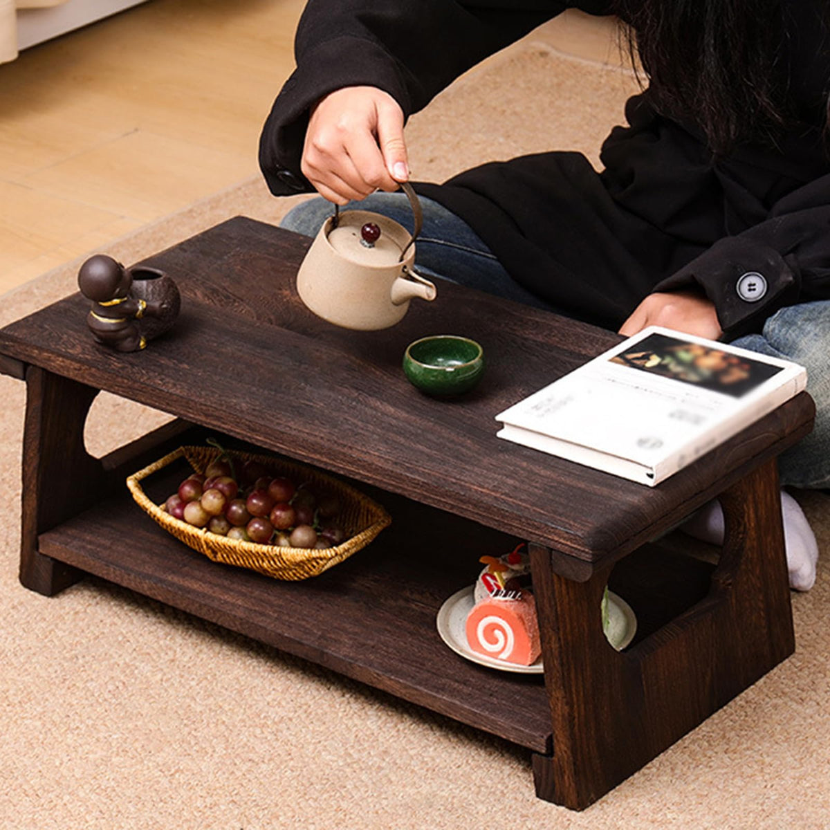 Mid-Century Foldable Coffee Table with Shelf 60x30x22cm M653379