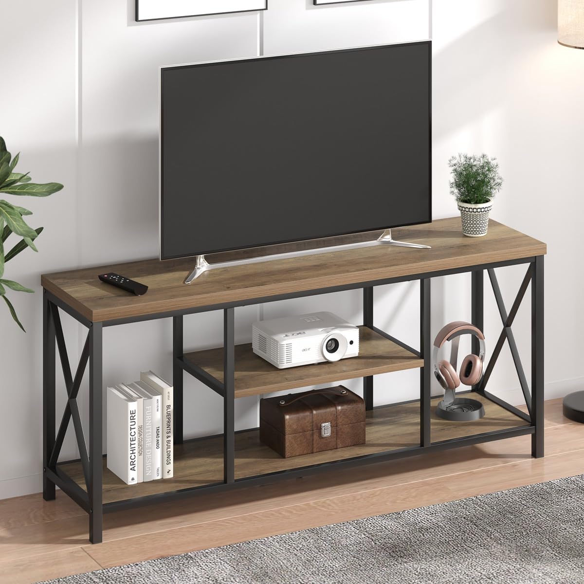 Oak 55 inch Wood and Metal TV Stand with Storage Shelves P54912