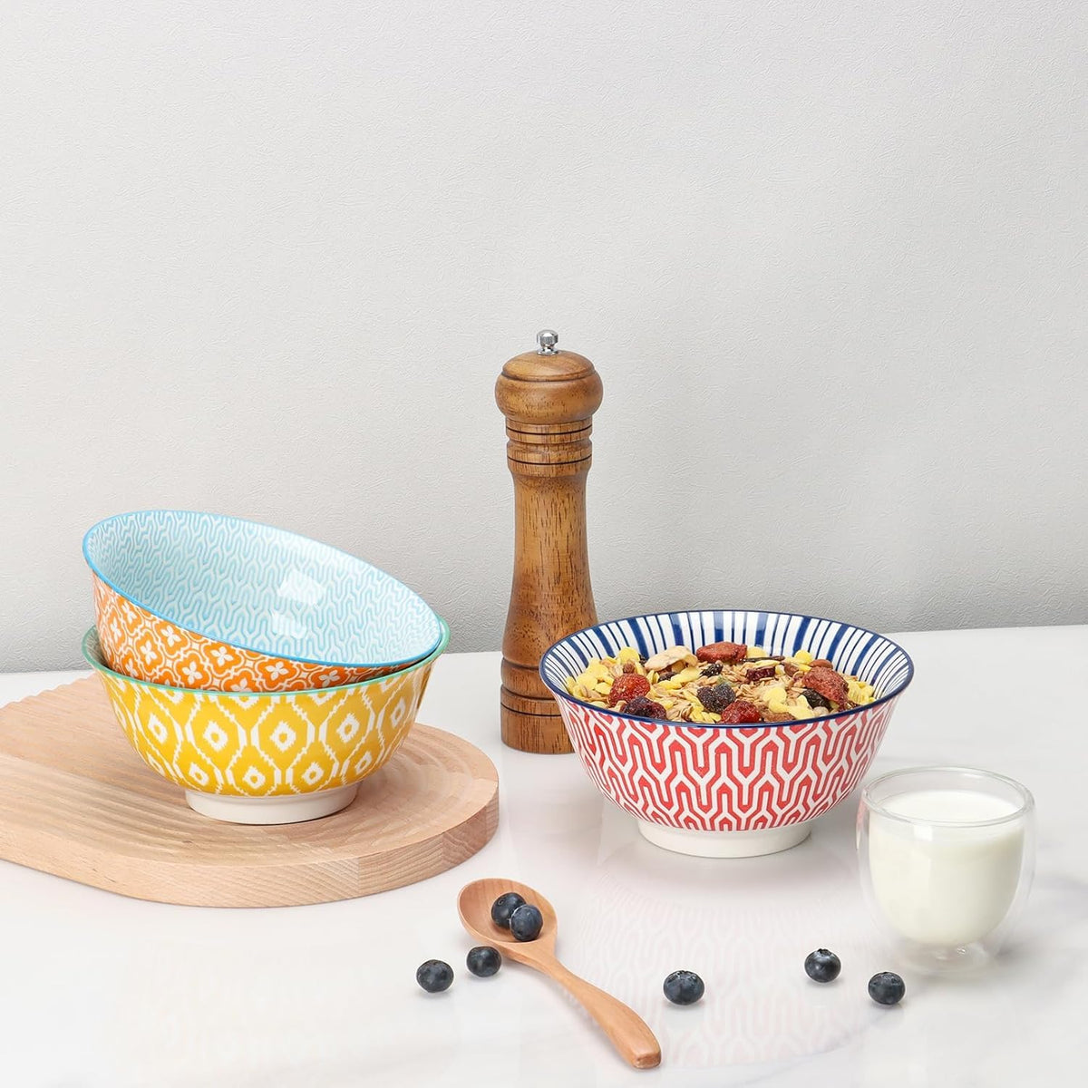 Ceramic Bowls Set 30 oz Assorted Colorful Set of 6 Microwave Dishwasher Safe X3502
