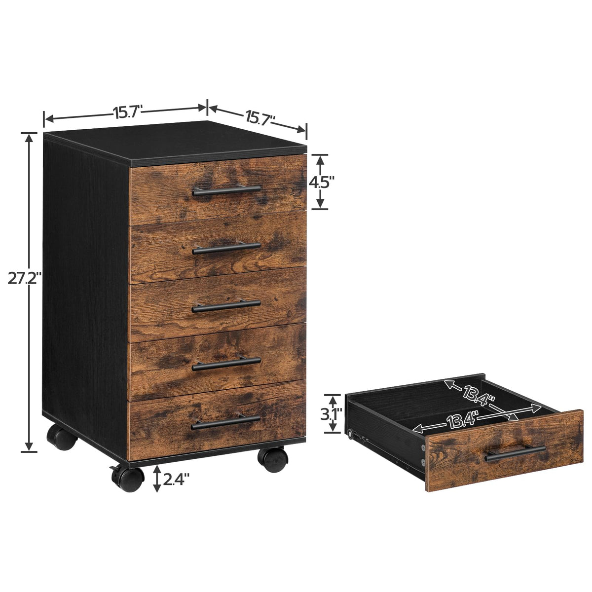 5 Drawer Wooden Mobile File Cabinet with Wheels B983956